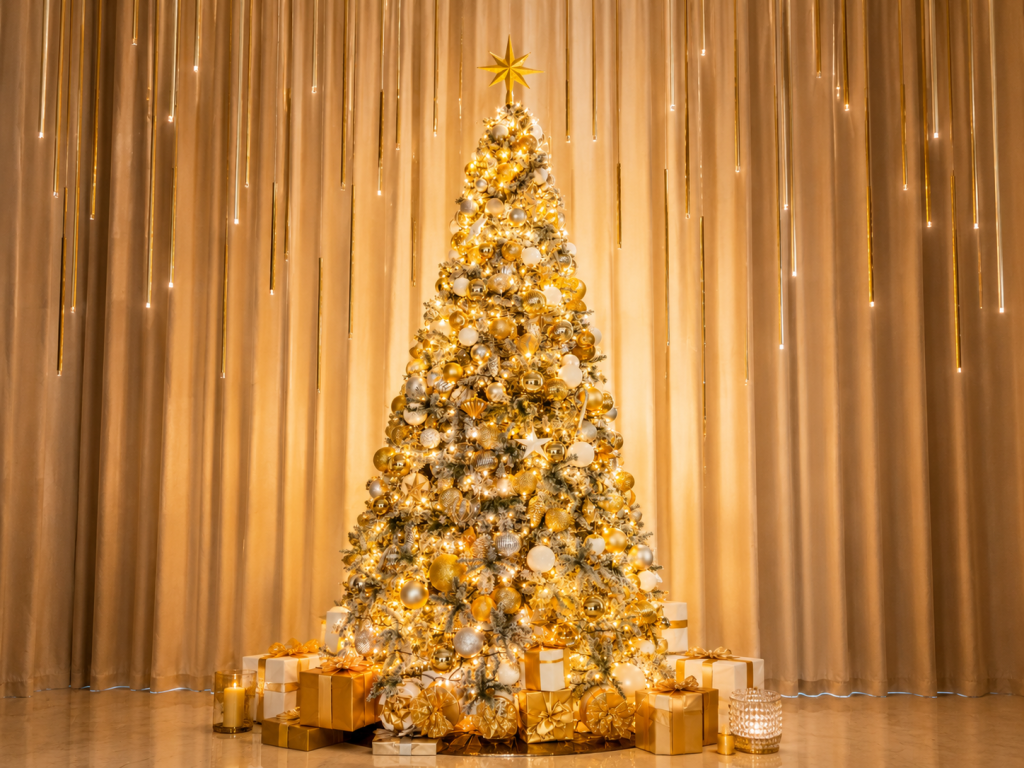 Indoor giant Christmas tree designed for a high-ceiling commercial space in Dubai