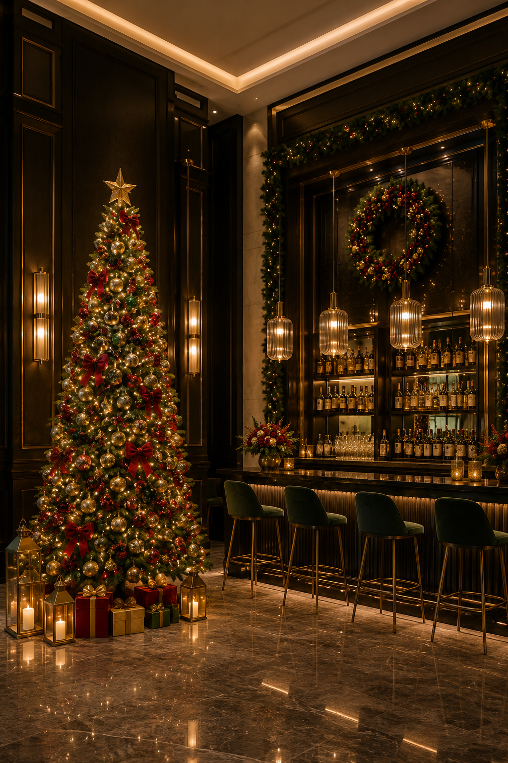 Infinite Festive Decor luxury Christmas decorations in a high-ceiling Dubai hotel lobby with a tall festive Christmas tree, garlands and warm lighting