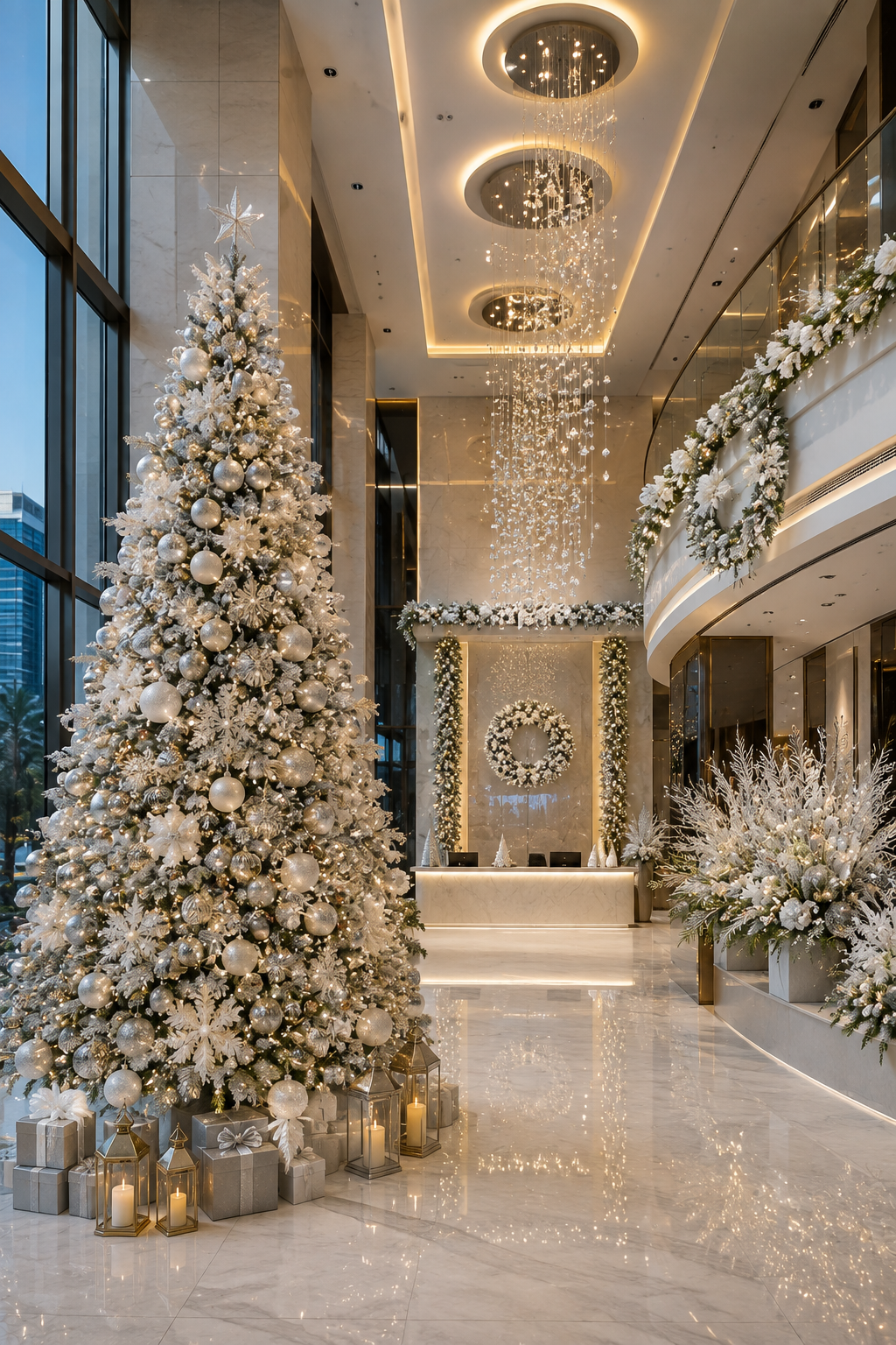 Infinite Festive Decor white Christmas decorations in a luxury Dubai hotel lobby with a tall frosted Christmas tree, silver ornaments, elegant garlands and warm lights