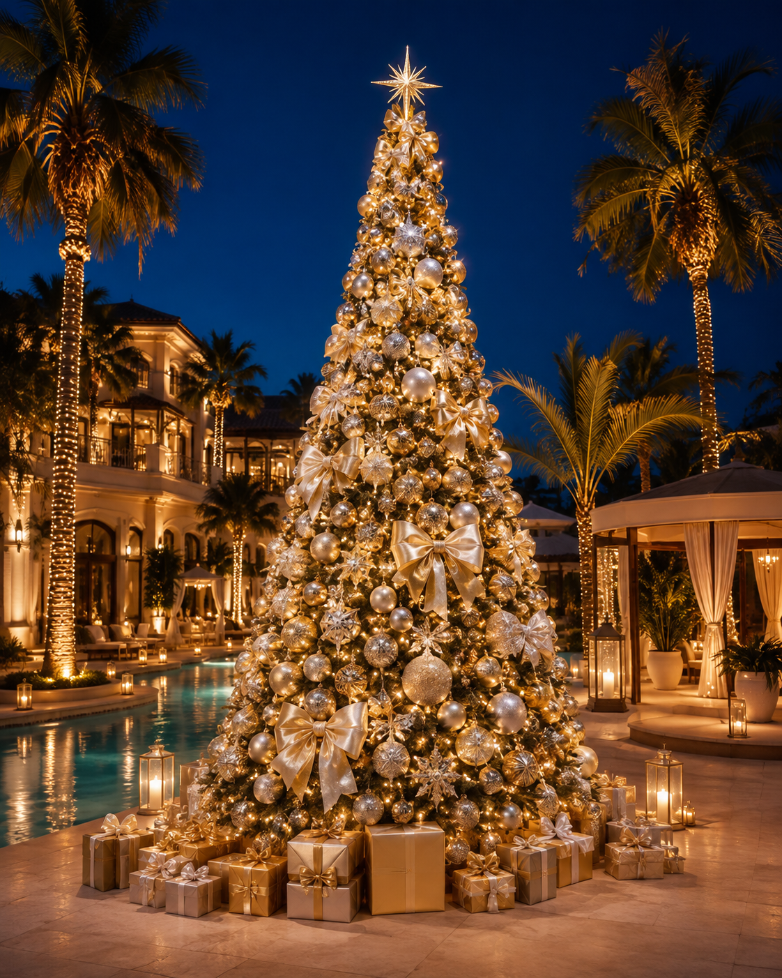 Outdoor illuminated giant Christmas tree installation in the Dubai