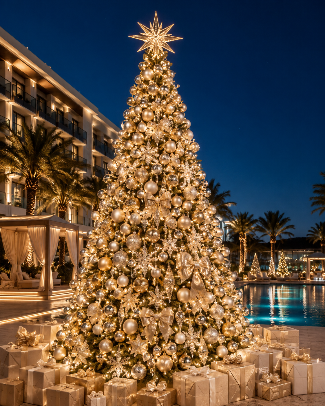 Outdoor illuminated giant Christmas tree installation in the UAE