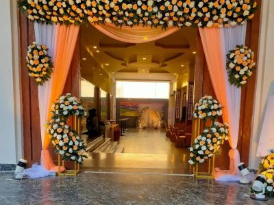 Grand floral and balloon entrance decoration for luxury parties in Dubai