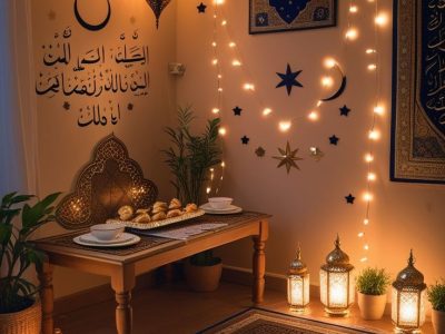 Luxury Ramadan Majlis decoration and professional home styling in Dubai and Abu Dhabi, featuring emerald green themes, gold lanterns, and crescent moon light installations.