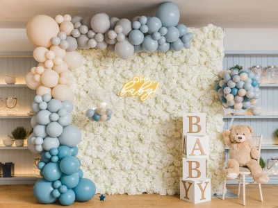 Pink floral baby shower decorations for girls with luxury event styling in Dubai, UAE.