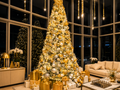 Giant decorated Christmas tree in a luxury hotel lobby in Dubai