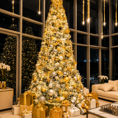 Giant decorated Christmas tree in a luxury hotel lobby in Dubai