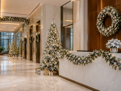 Luxury Christmas decorations in a Dubai corporate office lobby with elegant white and silver Christmas trees, festive garlands, wreaths and warm lights