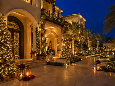 Luxury villa Christmas decorations Dubai featuring designer tree in Emirates Hills estate