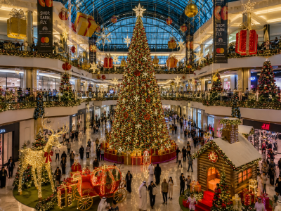 Mall Atrium Setup Multi-story hanging festive installation and giant Christmas tree in a commercial shopping mall shopping-mall-christmas-decor-uae.jpg Commercial shopping mall Christmas decorations UAE with multi-story illuminated installations