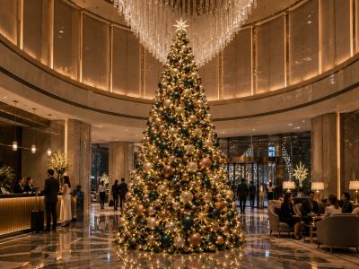Large Christmas tree installation in a shopping mall atrium in the UAE
