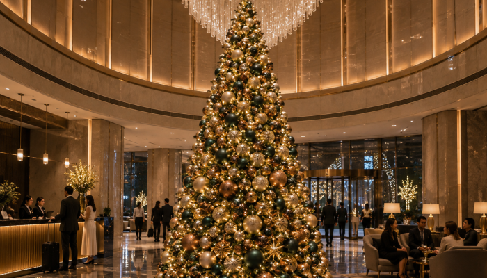 Large Christmas tree installation in a shopping mall atrium in the UAE