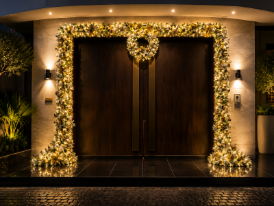 Luxury villa Christmas decorations UAE featuring designer tree and elegant living room styling