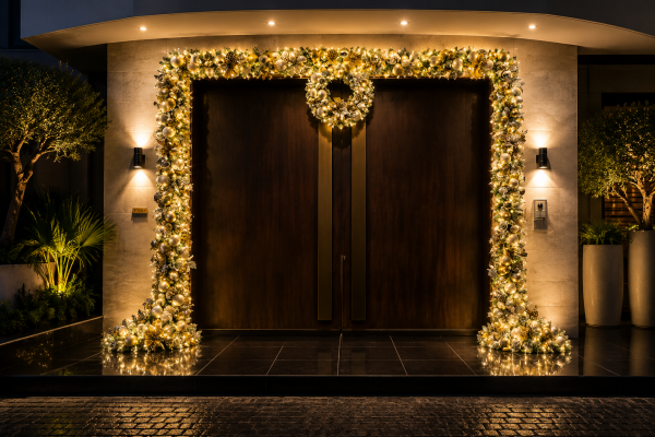 Luxury villa Christmas decorations UAE featuring designer tree and elegant living room styling